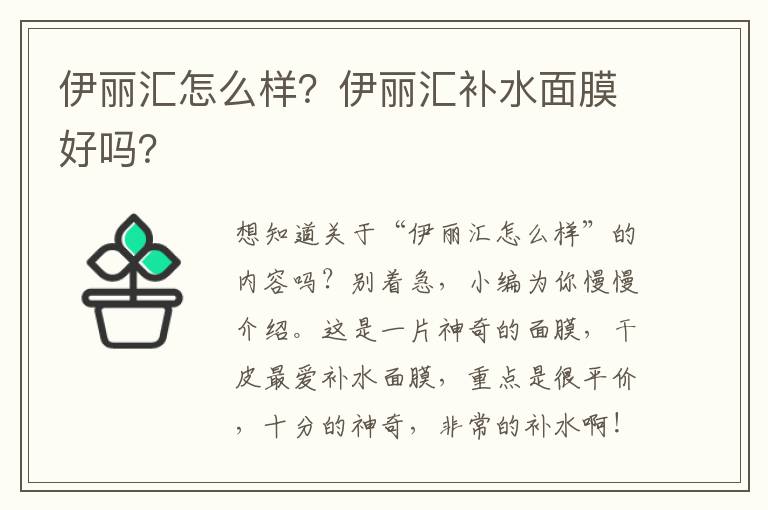 伊丽汇怎么样？伊丽汇补水面膜好吗？