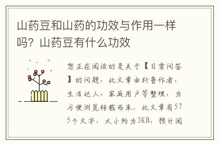 山药豆和山药的功效与作用一样吗？山药豆有什么功效