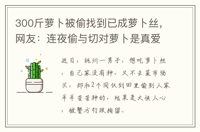 300斤萝卜被偷找到已成萝卜丝，网友：连夜偷与切对萝卜是真爱