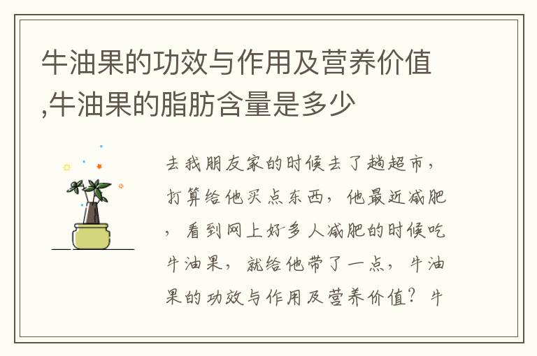 牛油果的功效与作用及营养价值,牛油果的脂肪含量是多少