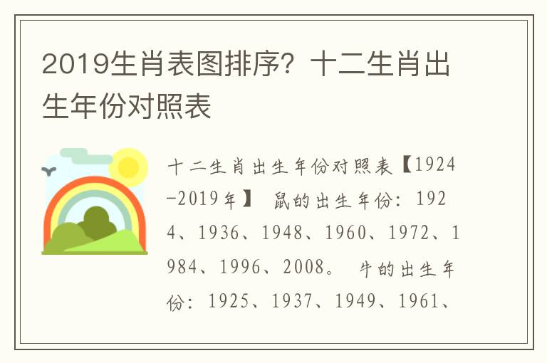 2019生肖表图排序？十二生肖出生年份对照表