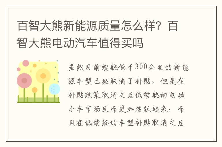 百智大熊新能源质量怎么样？百智大熊