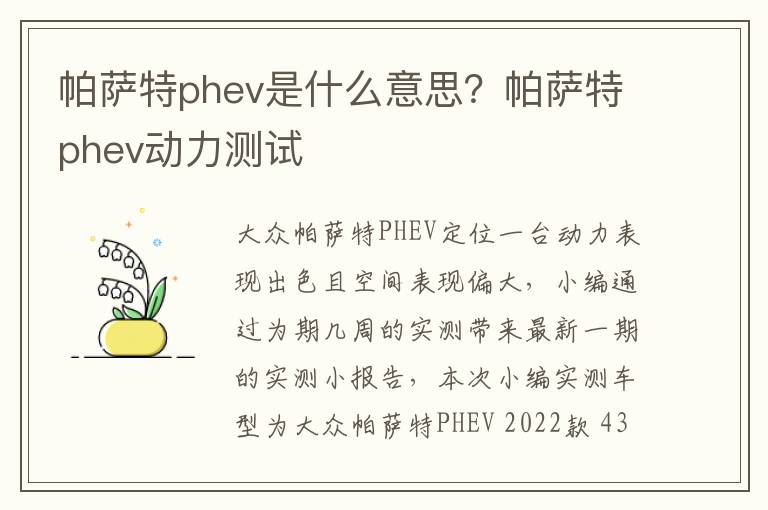帕萨特phev是什么意思？帕萨特phev动力测试