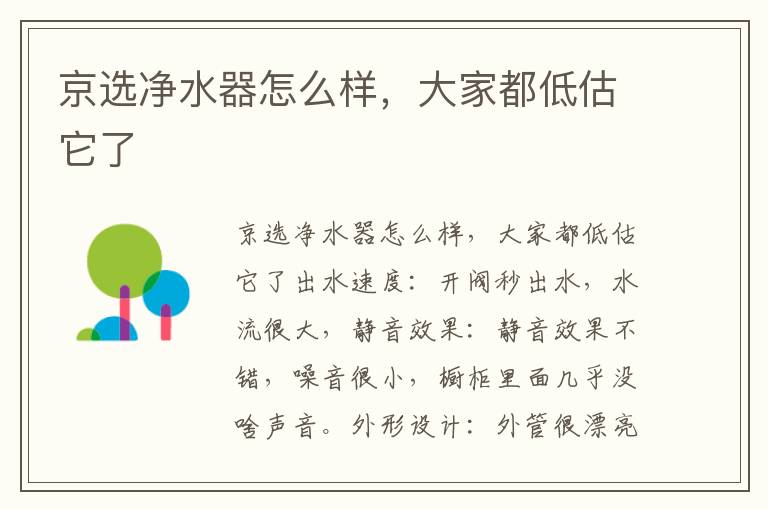 京选净水器怎么样，大家都低估它了